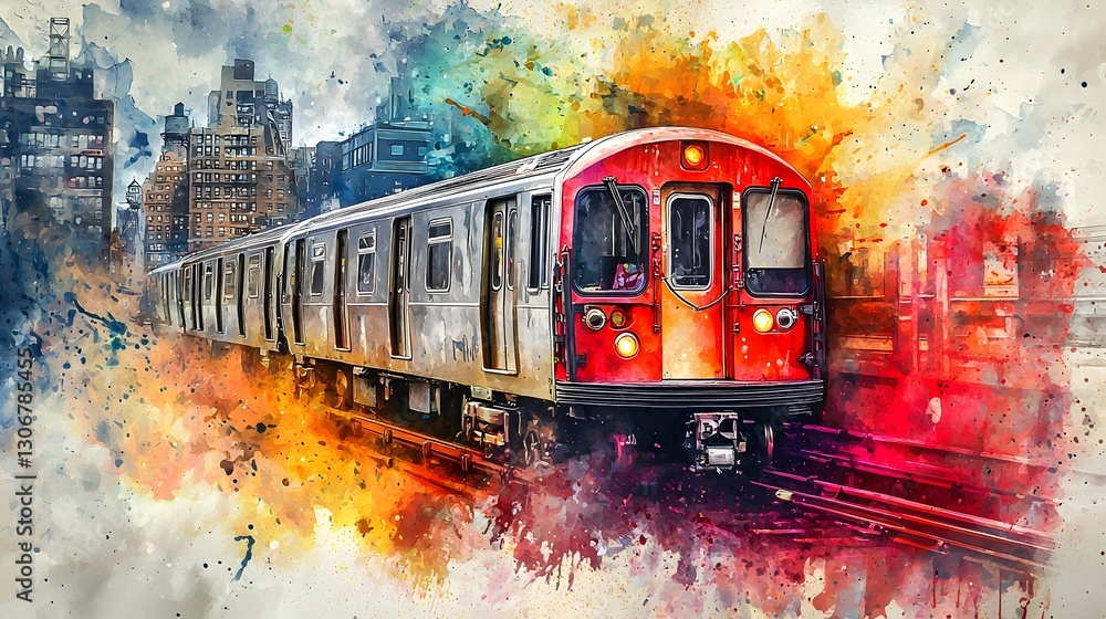 Obraz premium Subway Train in Motion with Colorful Splatters, Watercolor Art on Textured Canvas