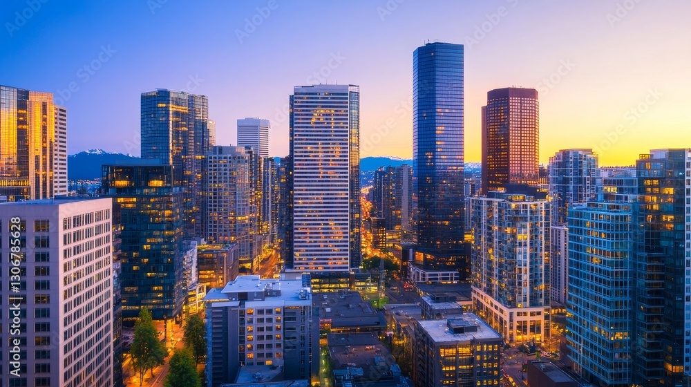 Obraz premium Vibrant city skyline at sunset showcasing modern architecture and urban life