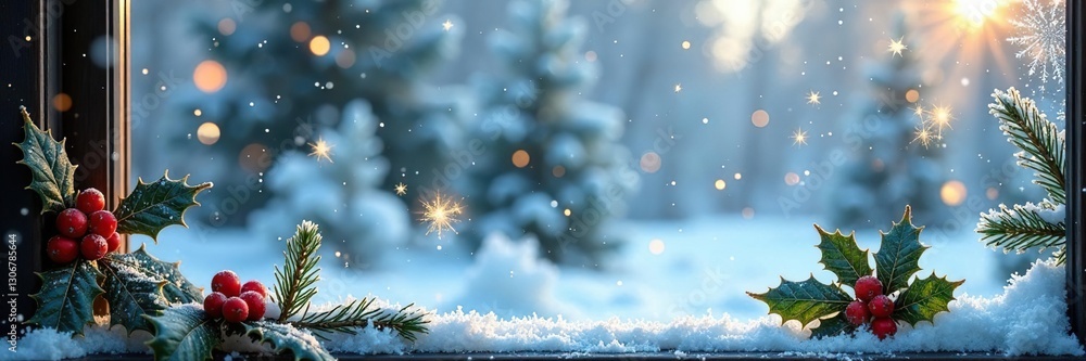 Frosty windowpane with delicate snowflakes and holly branches, decor, winter Frosty windowpane with delicate snowflakes and holly branches, decor, winter