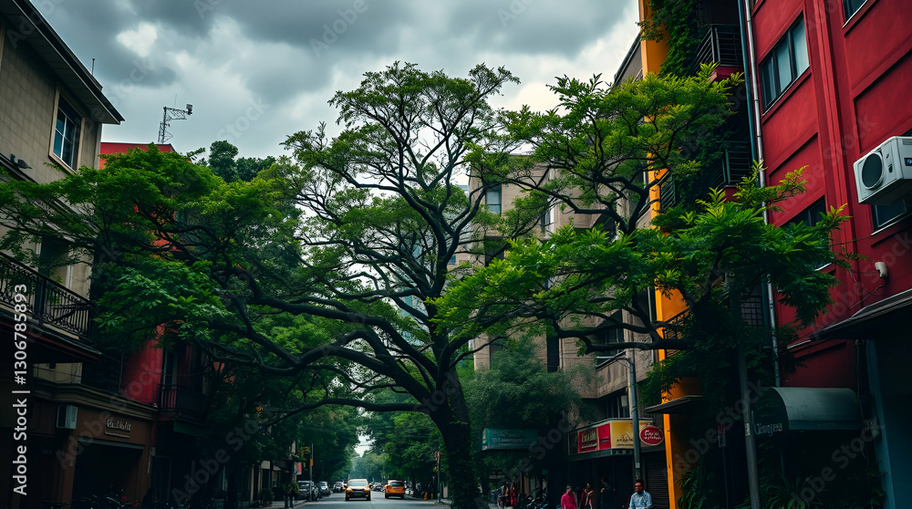 Obraz premium Trees grow through buildings, wildlife coexists with people.