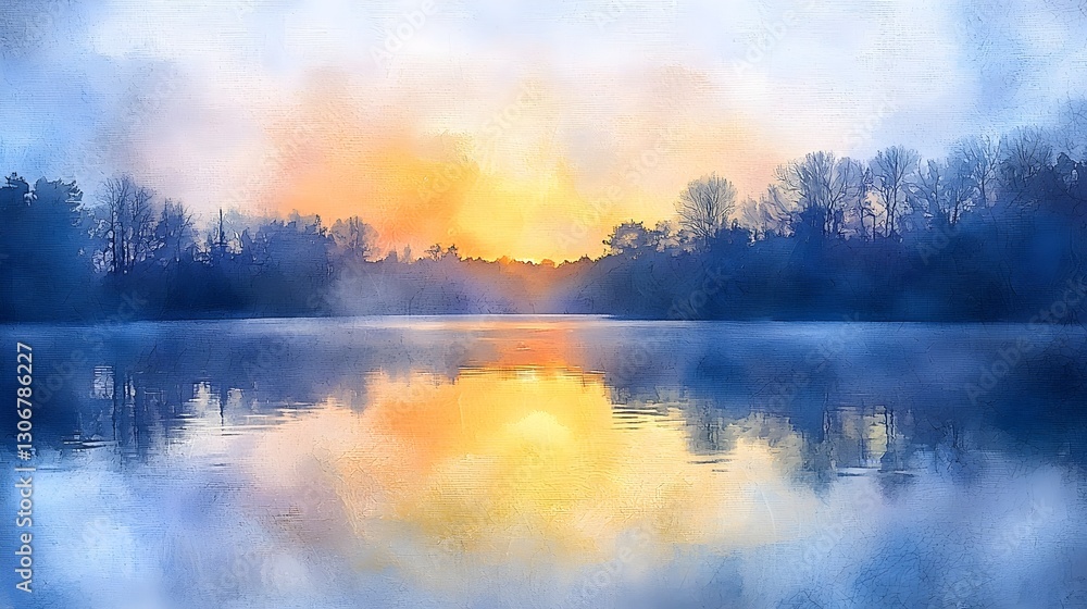 Serene Sunrise Over a Tranquil Lake with Abstract Reflections, Watercolor on Textured Canvas Serene Sunrise Over a Tranquil Lake with Abstract Reflections, Watercolor on Textured Canvas
