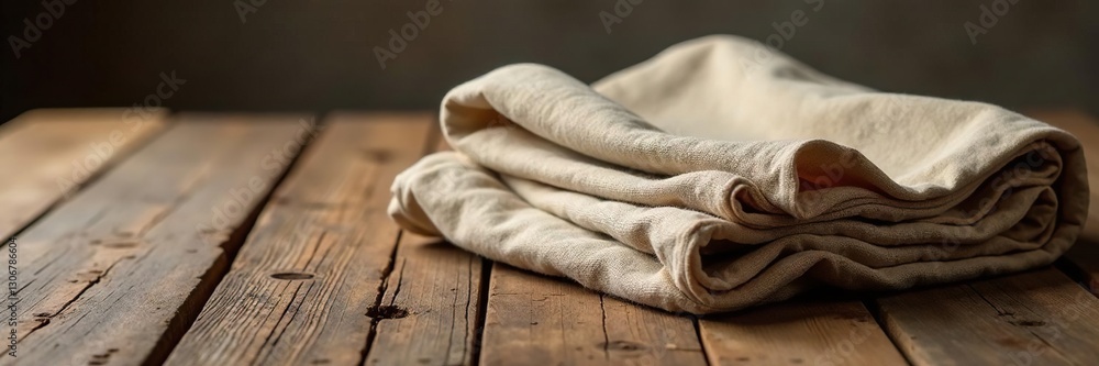 Fototapeta premium Folded cloth with gentle creases on a rustic table, textured, natural, wooden