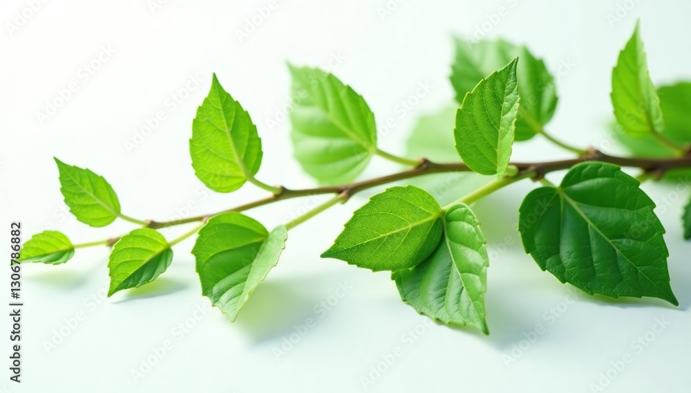 Fototapeta premium Leafy branches stretched out on white surface, plant life, plants