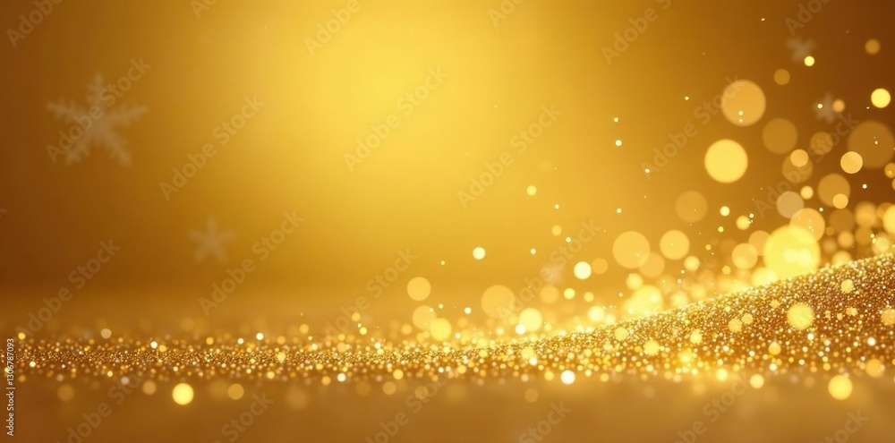 Sparkling snowflakes fall gently on a golden glitter background, sparkly ornaments, shimmering gold Sparkling snowflakes fall gently on a golden glitter background, sparkly ornaments, shimmering gold