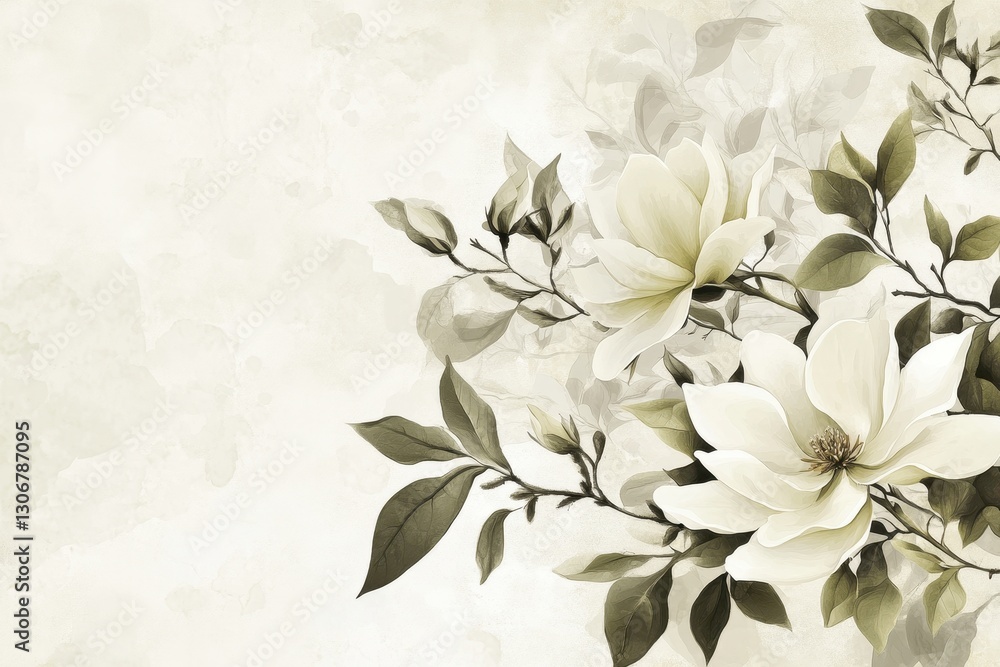 Elegant White Flowers with Soft Green Leaves on Subtle Background Elegant White Flowers with Soft Green Leaves on Subtle Background