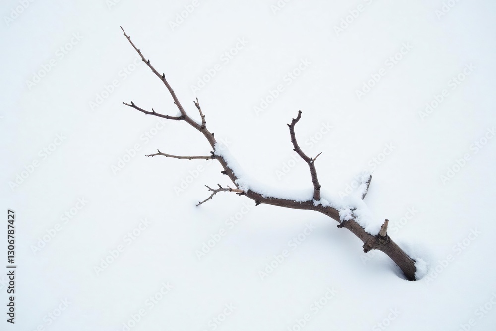 Dead branch isolated on a snowy white background,, bare branches, solitary Dead branch isolated on a snowy white background,, bare branches, solitary