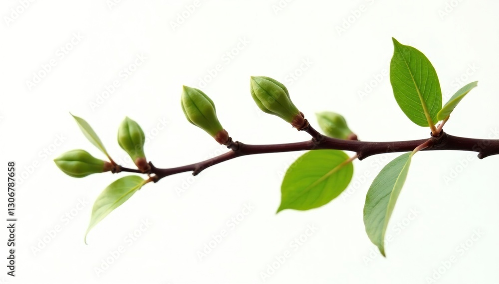 Fototapeta premium Brown branch with buds and leaves on white isolated background, nature, tree branches, simple shapes