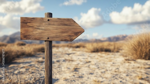 Empty wooden sign arrow on a long stick isolated on sky and desert background photo