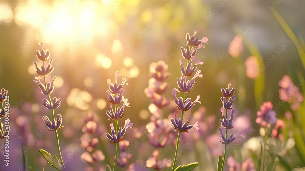 A bunch of soft lavender sprigs with their purple buds, set against a blurred background of a sunny garden A bunch of soft lavender sprigs with their purple buds, set against a blurred background of a sunny garden