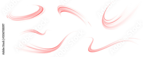 Red neon light streaks on a futuristic road. Abstract speed lines in a digital cyber environment. Motion blur effect, high-tech concept. PNG vector background for sci-fi and tech themes.