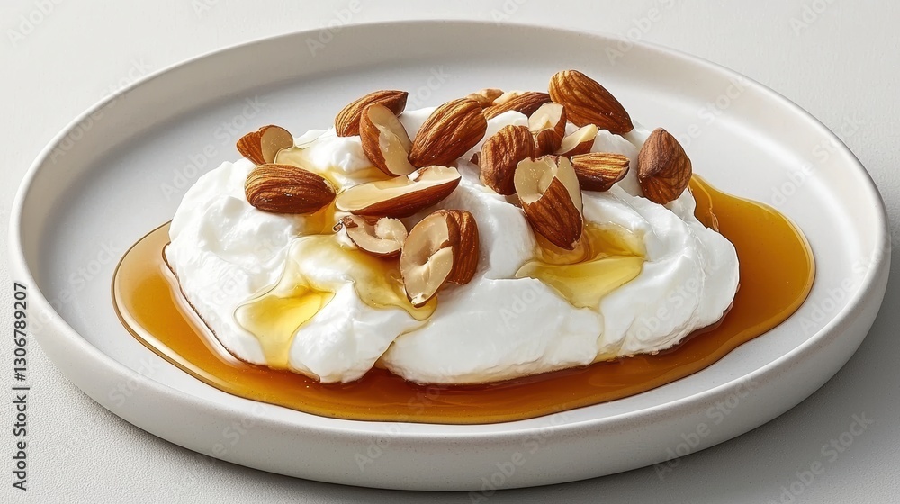 A creamy yogurt dish topped with almonds and drizzled with honey, served on a simple plate, embodying a healthy and indulgent snack. A creamy yogurt dish topped with almonds and drizzled with honey, served on a simple plate, embodying a healthy and indulgent snack.