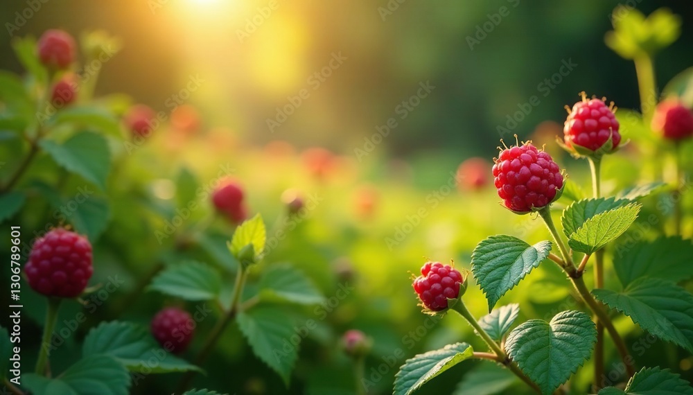 Dew-kissed morning in a whimsical summer garden filled with radiant raspberry plants and sunbeams, morning dew, garden flowers Dew-kissed morning in a whimsical summer garden filled with radiant raspberry plants and sunbeams, morning dew, garden flowers