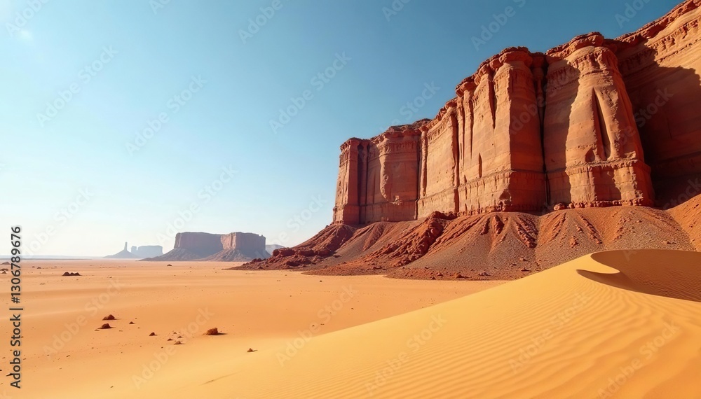 Distant rugged cliffs rising abruptly from sandy dunes, desert, sand, rugged Distant rugged cliffs rising abruptly from sandy dunes, desert, sand, rugged