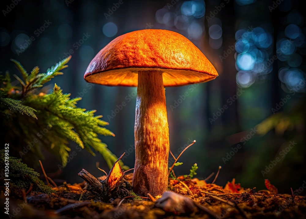 Fototapeta premium Autumn forest darkness reveals a bioluminescent Leccinum Aurantiacum, a haunting fungal spectacle.