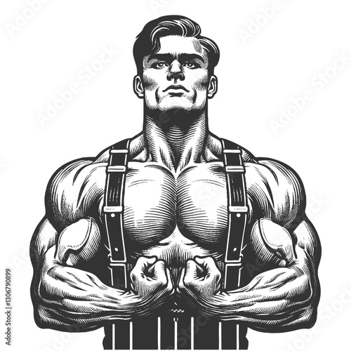 heavily muscled strongman flexing his arms, wearing suspenders, drawn in a vintage engraving style sketch engraving generative ai vector illustration. Scratch board imitation. Black and white image.