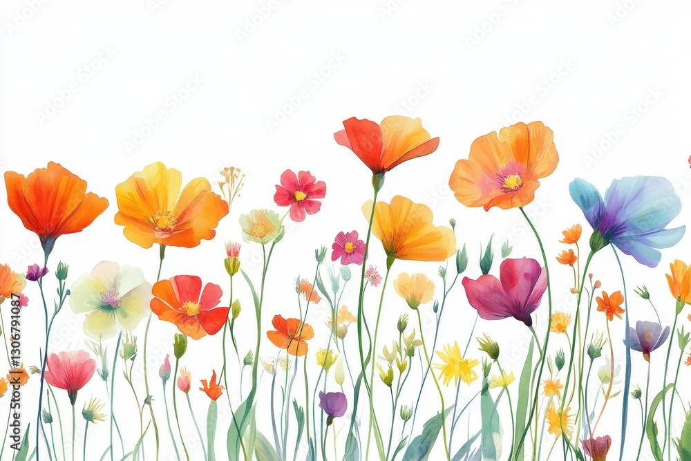 Fototapeta premium Vibrant Colorful Wildflowers in Bloom on Bright White Background