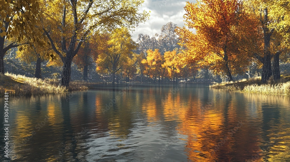 Fototapeta premium A calm lake surrounded by golden autumn trees, with reflections of the foliage on the still water. The calm lake is surrounded by trees in their golden autumn 