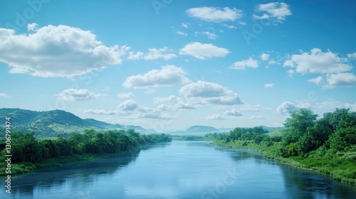 Wallpaper Mural A calm river flowing through a lush green valley, with distant hills and a few scattered clouds in the blue sky. The river flows gently through the lush green Torontodigital.ca