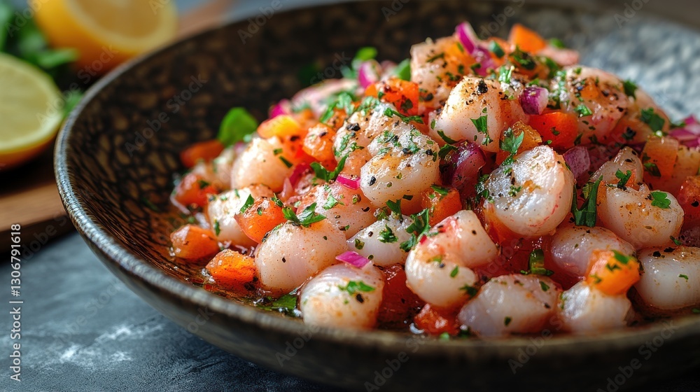 fresh seafood ceviche in citrus marinade with crispy vegetables and herbs fresh seafood ceviche in citrus marinade with crispy vegetables and herbs