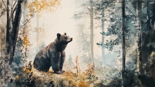 Vector illustration, watercolor painting of grizzly bear  in the wild