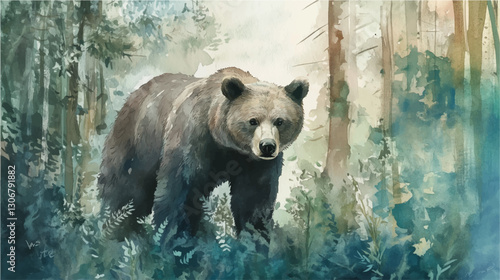 Vector illustration, watercolor painting of grizzly bear  in the wild