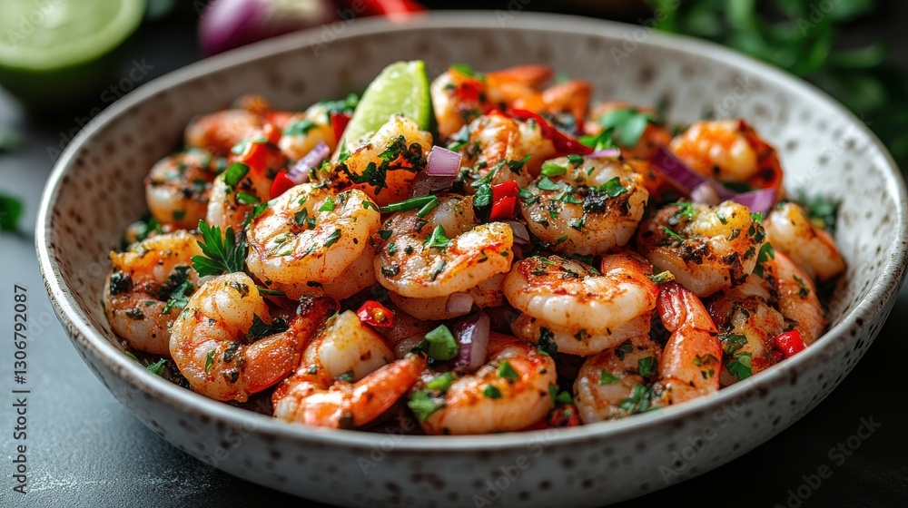 fresh shrimp dish garnished with herbs chili onion and lime in a white bowl fresh shrimp dish garnished with herbs chili onion and lime in a white bowl