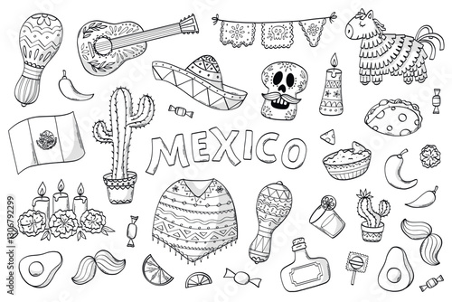 Mexico monochrome doodles, cartoon elements collection, clipart for prints, stickers, social media decor,  wallpaper, etc. Cinco de Mayo, day of the dead theme. EPS 10