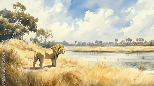 Vector illustration, watercolor painting of lion in the wild