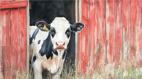 Vector illustration, watercolor painting of cow looking from the barn