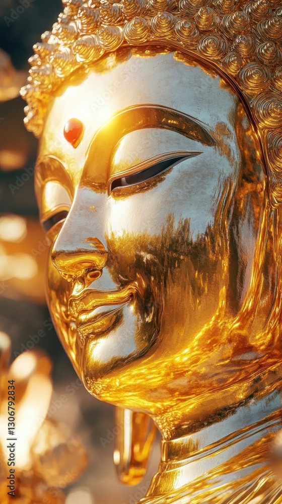 Obraz premium Generate a serene Buddha-like being with molten gold skin, emanating love and tranquility, captured in photorealistic detail