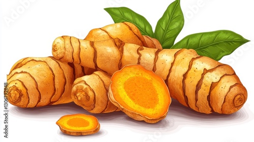 fresh turmeric roots isolated,cartoon illustration style