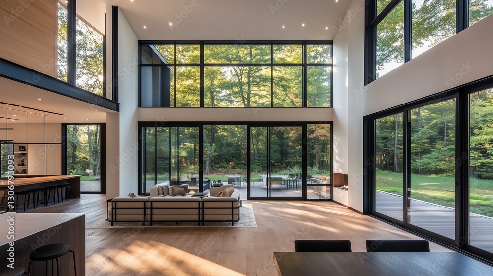 Modern minimalist interior design,large space and high ceiling,livingroom space with tea room and glass doors on the left side, black metal frame and white panels, wooden floor, dark lighting Modern minimalist interior design,large space and high ceiling,livingroom space with tea room and glass doors on the left side, black metal frame and white panels, wooden floor, dark lighting