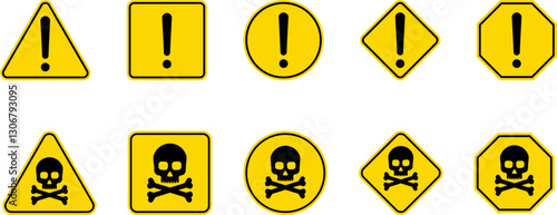 Caution Warning Dangerous alarm set, danger sign collection, attention vector icon, yellow, red and black fatal error message element, exclamation mark of warning attention icon symbol