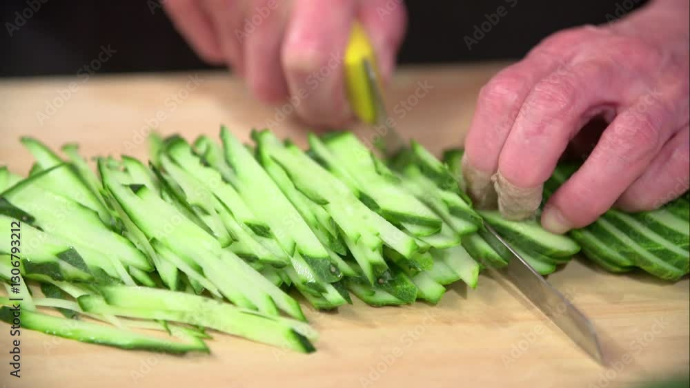 Slicing fresh cucumbers on a wooden cutting board Slicing fresh cucumbers on a wooden cutting board
