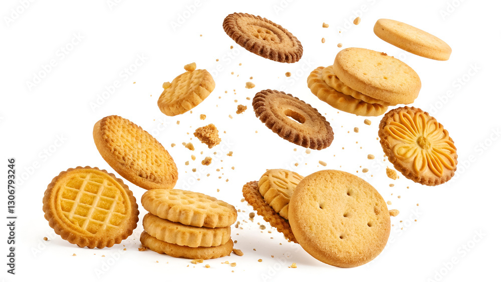 Golden, crispy biscuits and cookies captured in mid-air, isolated on a white background with a perfect clipping path. Golden, crispy biscuits and cookies captured in mid-air, isolated on a white background with a perfect clipping path.