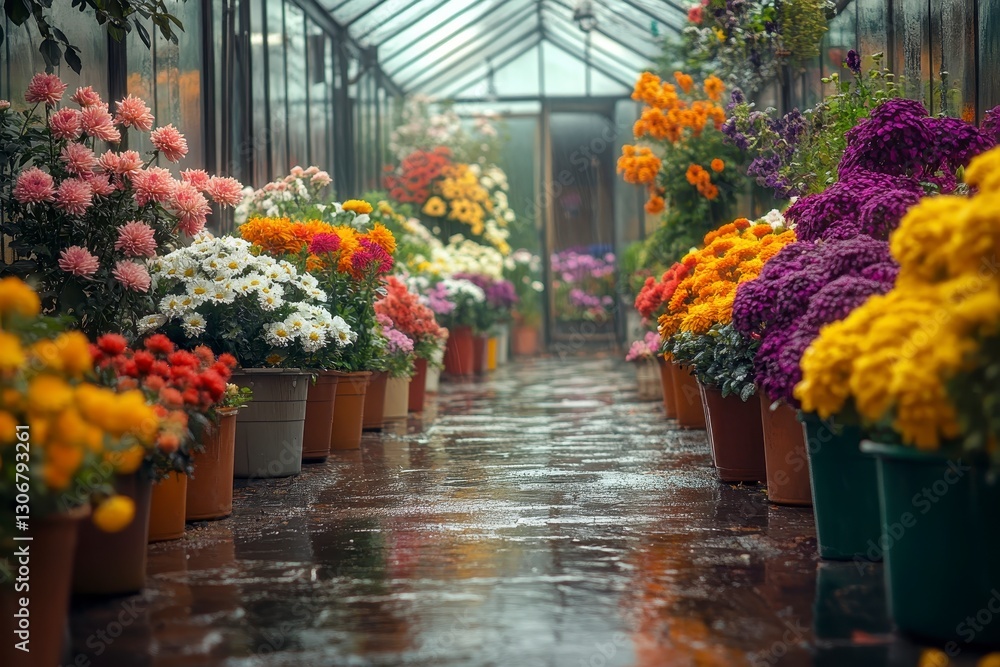 Obraz premium Rainy Day Greenhouse with Colorful Chrysanthemum Flowers