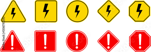 Caution Warning Dangerous alarm set, danger sign collection, attention vector icon, yellow, red and black fatal error message element, exclamation mark of warning attention icon symbol