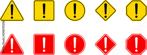 Caution Warning Dangerous alarm set, danger sign collection, attention vector icon, yellow, red and black fatal error message element, exclamation mark of warning attention icon symbol