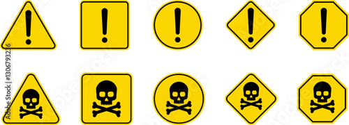 Caution Warning Dangerous alarm set, danger sign collection, attention vector icon, yellow, red and black fatal error message element, exclamation mark of warning attention icon symbol
