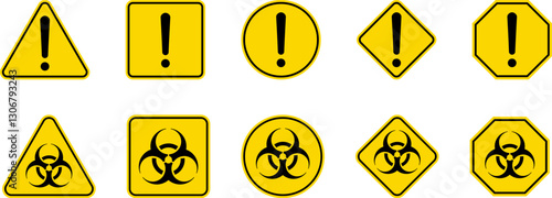 Caution Warning Dangerous alarm set, danger sign collection, attention vector icon, yellow, red and black fatal error message element, exclamation mark of warning attention icon symbol
