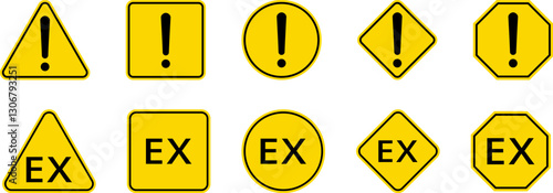Caution Warning Dangerous alarm set, danger sign collection, attention vector icon, yellow, red and black fatal error message element, exclamation mark of warning attention icon symbol