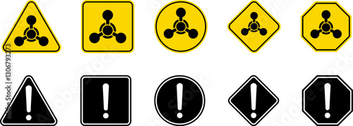 Caution Warning Dangerous alarm set, danger sign collection, attention vector icon, yellow, red and black fatal error message element, exclamation mark of warning attention icon symbol