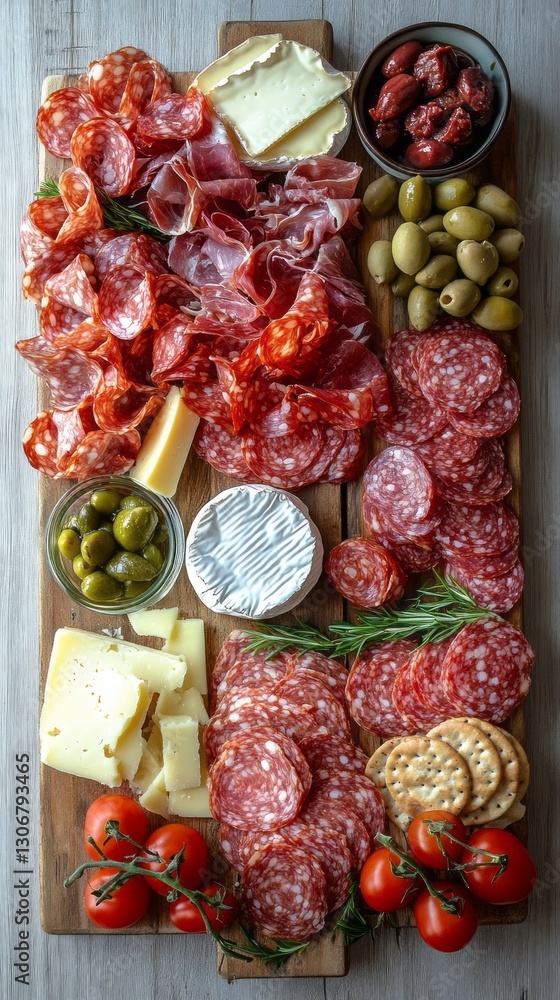 A vibrant display of gourmet cured meats, assorted cheeses, and olives arranged artfully on a rustic wooden board, accompanied by fresh tomatoes and crispy crackers for the perfect snack A vibrant display of gourmet cured meats, assorted cheeses, and olives arranged artfully on a rustic wooden board, accompanied by fresh tomatoes and crispy crackers for the perfect snack