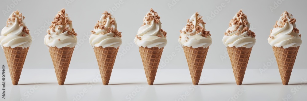 Six Vanilla Soft Serve Ice Cream Cones with Crunchy Toppings on White Background Six Vanilla Soft Serve Ice Cream Cones with Crunchy Toppings on White Background