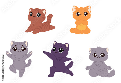 Cute cats doing yoga in different poses: lotus, warrior, cobra and others. Chibi-style illustrations with big eyes and soft colors. Perfect for posters, stickers and merch.