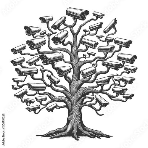 tree with security cameras growing from its branches, symbolizing surveillance, technology in nature sketch engraving generative ai vector illustration. Scratch board imitation. Black and white image.