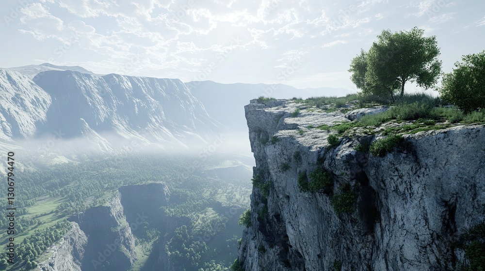 A cliff edge overlooking a valley, with the rugged terrain of a canyon stretching out below. The cliff edge offers a dramatic view of the valley below A cliff edge overlooking a valley, with the rugged terrain of a canyon stretching out below. The cliff edge offers a dramatic view of the valley below