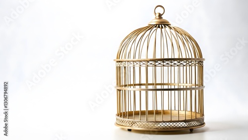 Empty Gold Birdcage on White Background