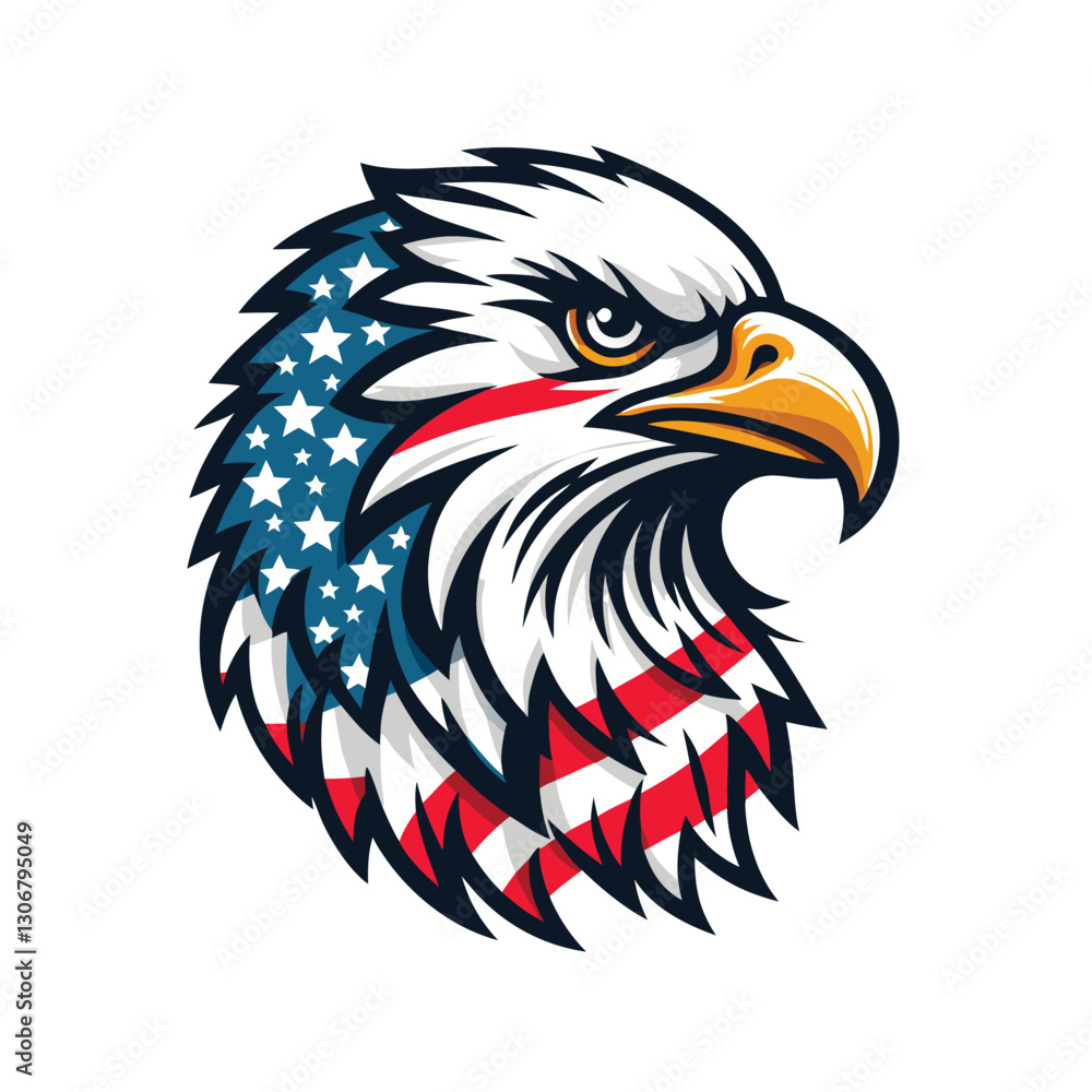 Fototapeta premium Patriotic Eagle head logo with American flag pattern Flat vector