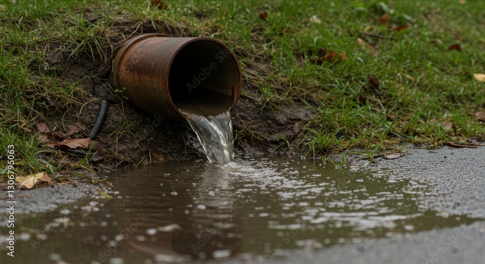 Rusty pipe with murky water flowing onto wet pavement. Rusty pipe with murky water flowing onto wet pavement.